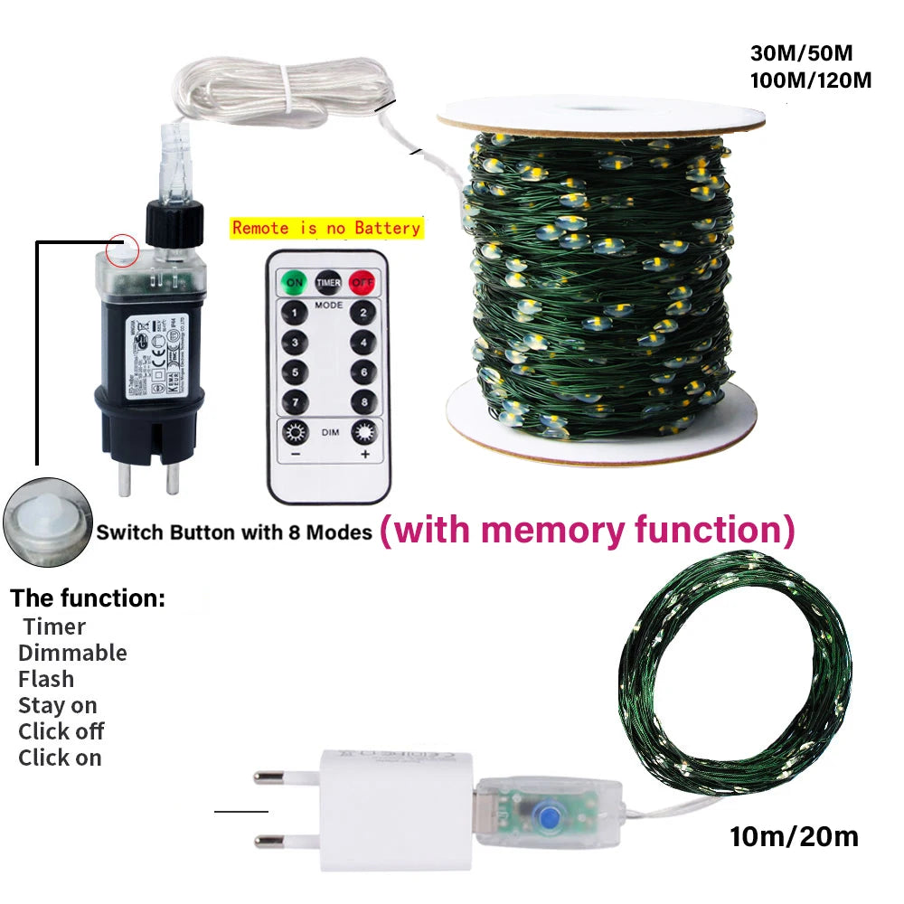 100M LED String Lights Fairy Green Wire Outdoor Christmas Lights Tree Garland For New Year Street Home Party Wedding Decoration