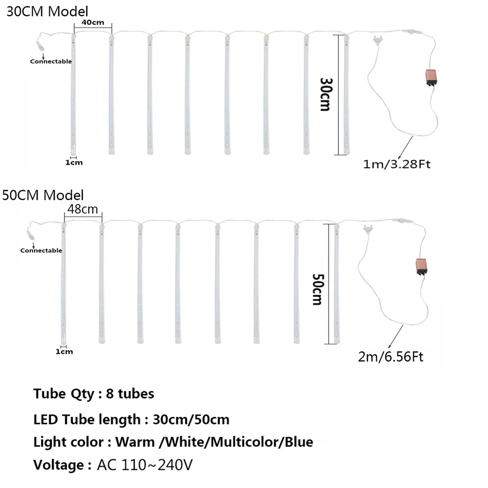 30/50CM LED Meteor Shower Rain Lights Waterproof Falling Raindrop Fairy String Light per la decorazione del Patio della festa di natale