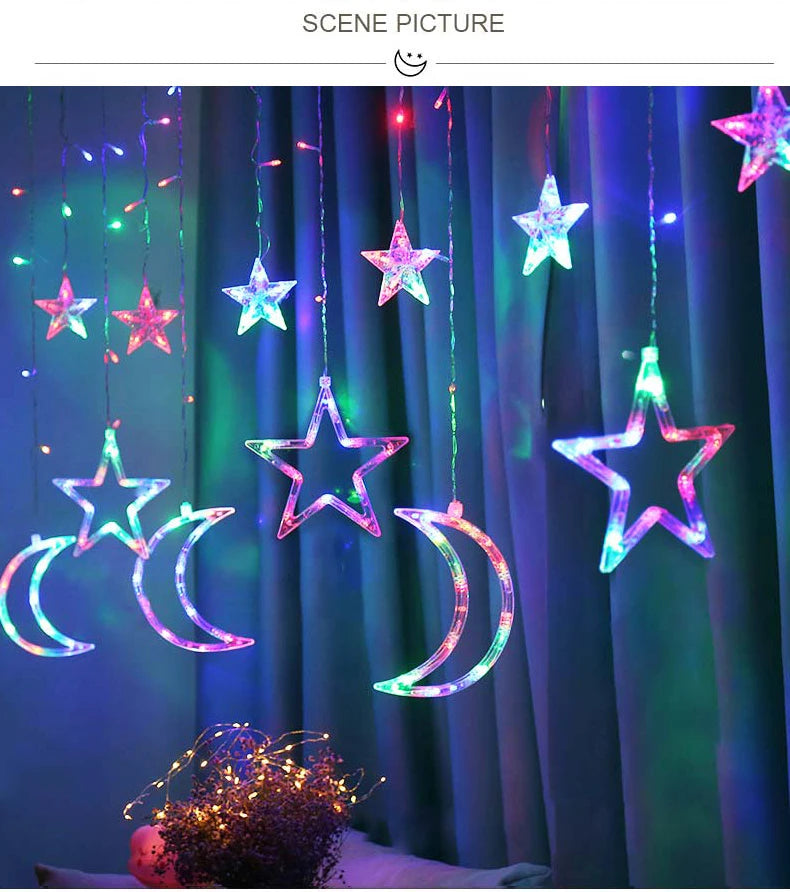 Decorazione luminosa 3,5 m LED Garland Curtain luci String 220V, Luna e Stella, luce per finestra, ideale anche per feste