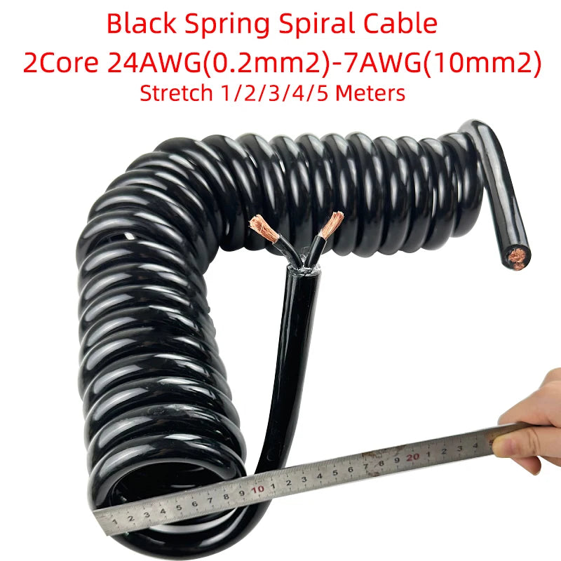 Cavo a spirale a molla nera a 2 nuclei telescopico 22/20/18/17/15/7AWGWire 0,2 mm2-10 mm2 Cavo termoretraibile estensibile da 1 a 5 metri