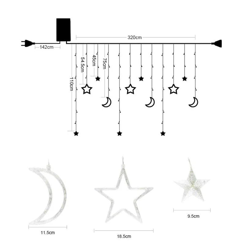 Decorazione luminosa 3,5 m LED Garland Curtain luci String 220V, Luna e Stella, luce per finestra, ideale anche per feste