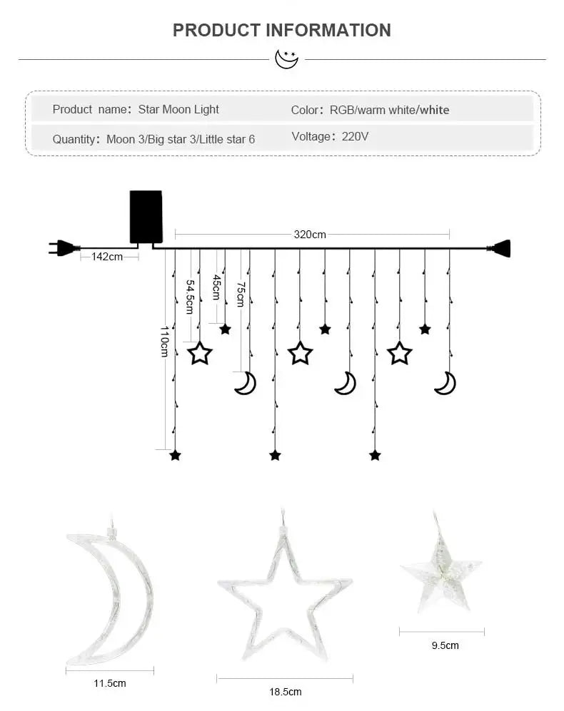 Decorazione luminosa 3,5 m LED Garland Curtain luci String 220V, Luna e Stella, luce per finestra, ideale anche per feste