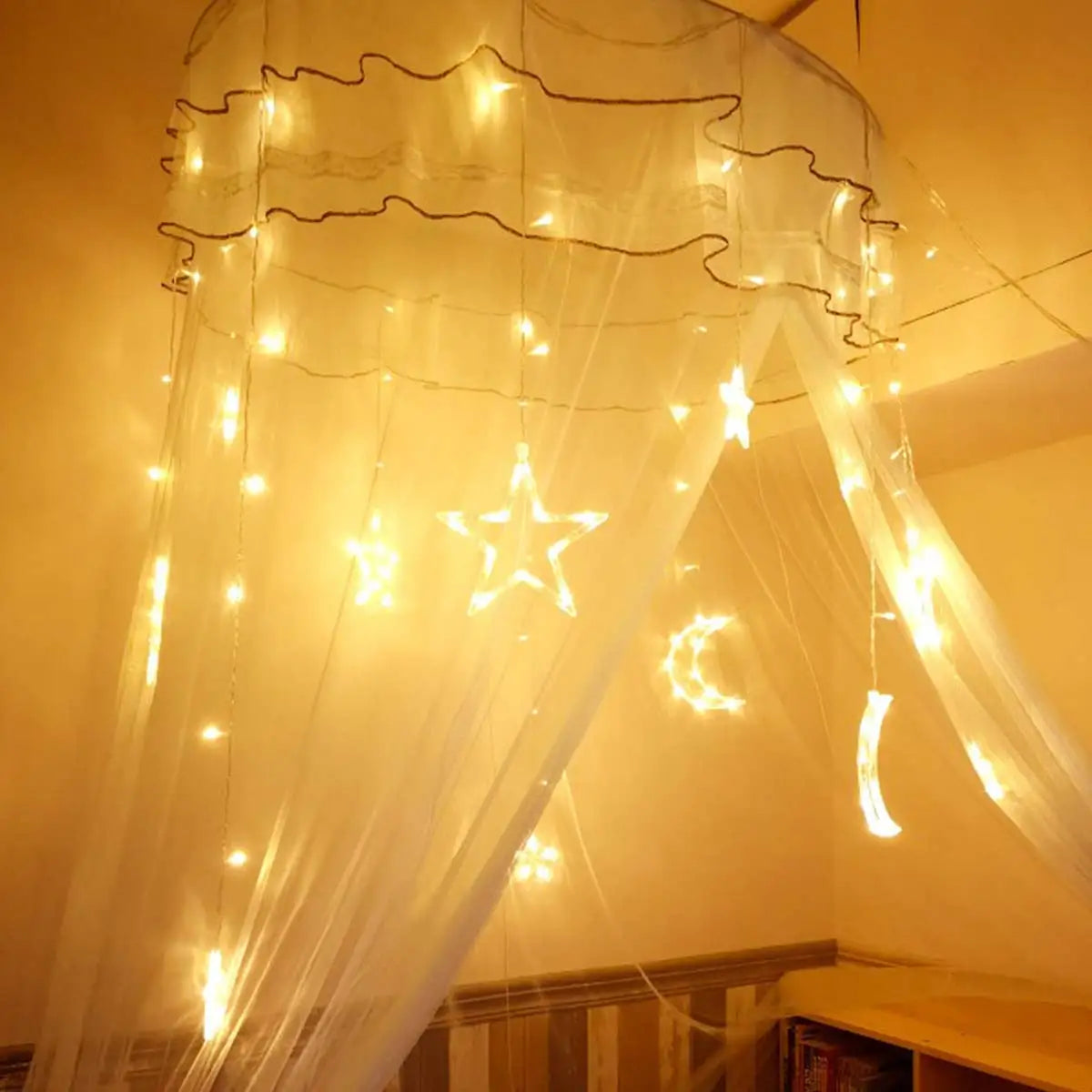Decorazione luminosa 3,5 m LED Garland Curtain luci String 220V, Luna e Stella, luce per finestra, ideale anche per feste