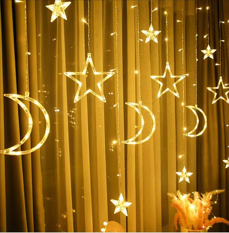 Decorazione luminosa 3,5 m LED Garland Curtain luci String 220V, Luna e Stella, luce per finestra, ideale anche per feste
