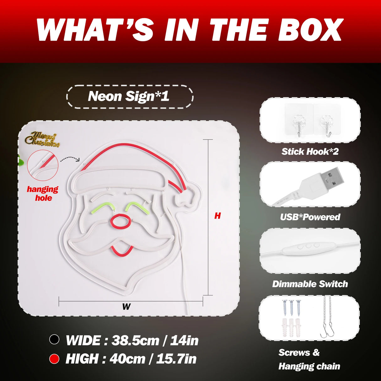 Insegna luminosa a LED raffigurante Babbo Natale , dimmerabile, alimentazione 220V, tem. colore 4500-6000°K
