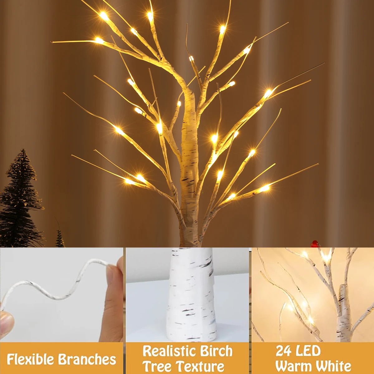Albero di betulla, decorazione natalizia per la casa, lampade LED