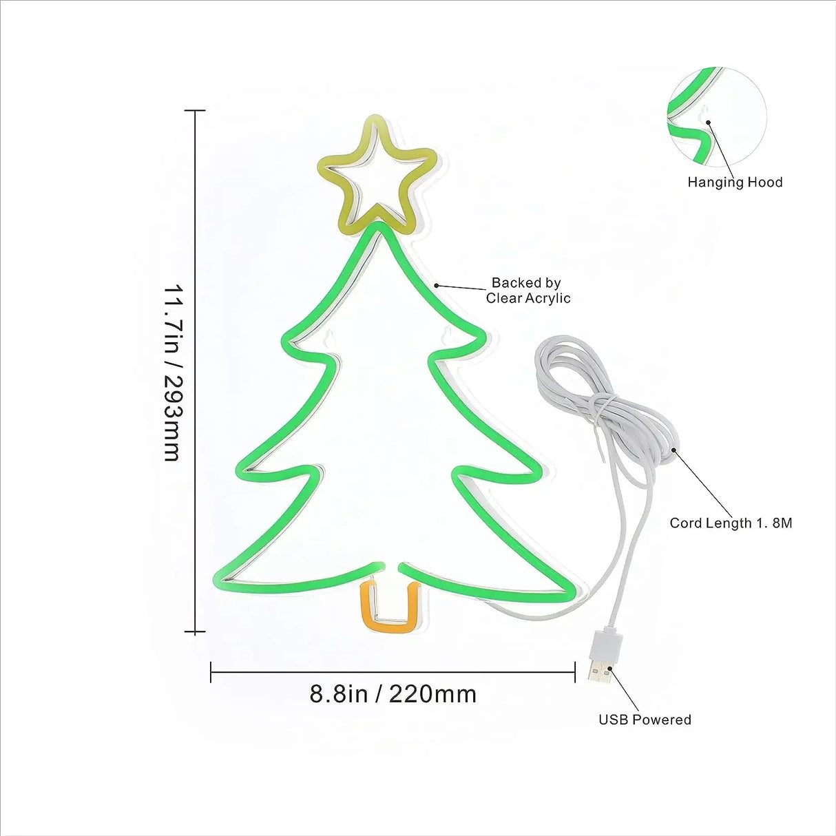 Insegna al Neon dell'albero di natale per la decorazione delle finestre o della parete. La luce al Neon ha una luminosità regolabile ed è alimentata tramite USB, colore luce calda 2700°K