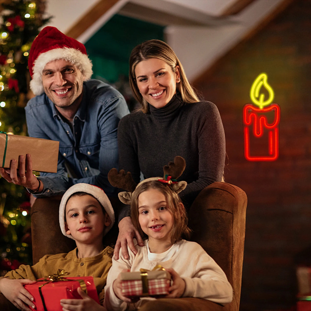 Candela Neon decorazione natalizia rossa. Alimentazione batteria o USB