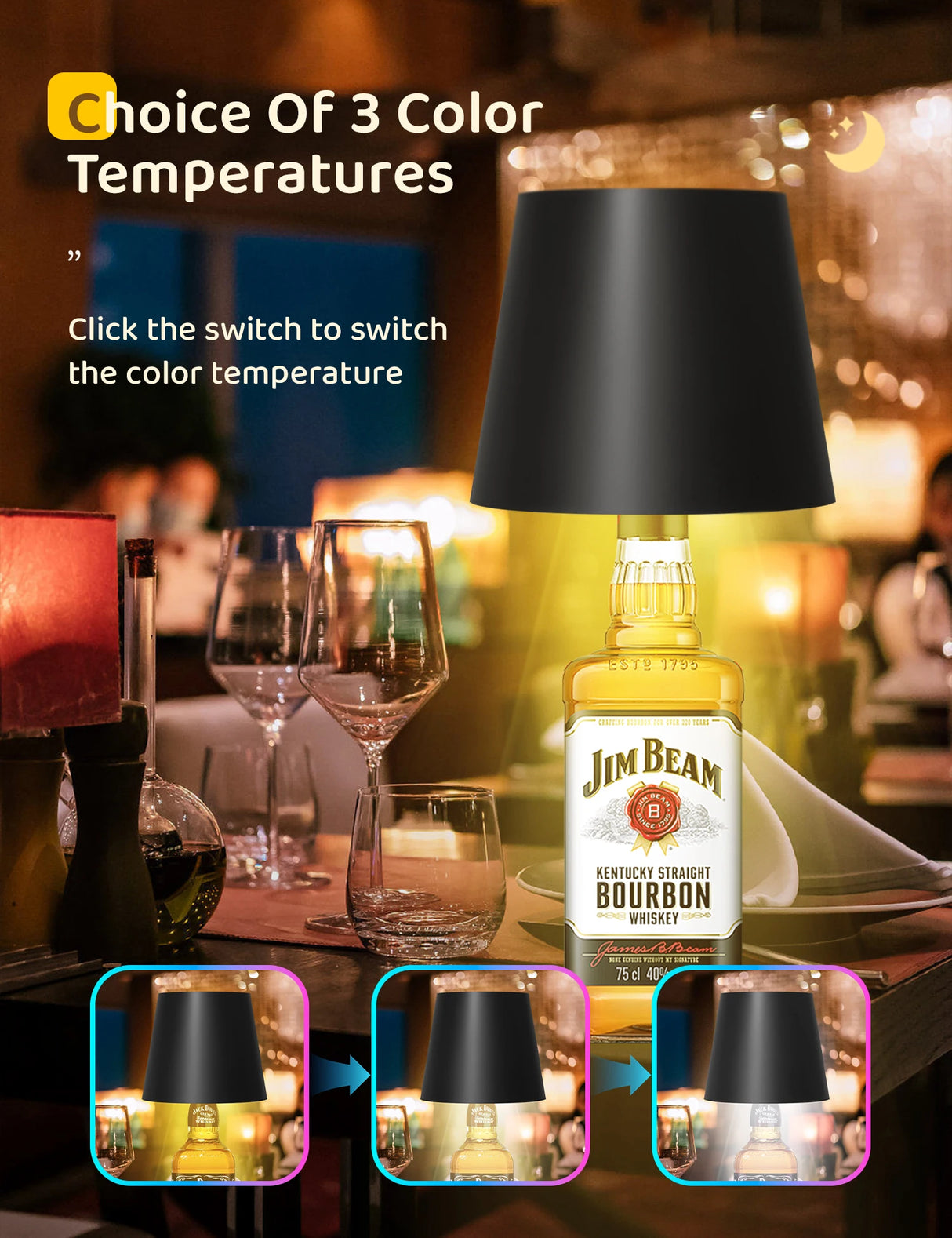 Lampada per bottiglia di vino BANDIAN lampada da tavolo con testa rimovibile interruttore tattile di ricarica portatile decorazione per luce notturna per atmosfera Bar Cafe