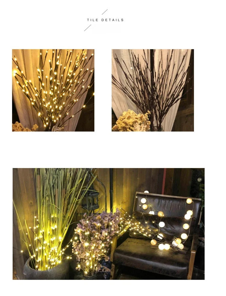 Ramo di un albero artificiale con 20 lampadine LED. Mini lampada di Natale con scintillio, decorazioni per feste