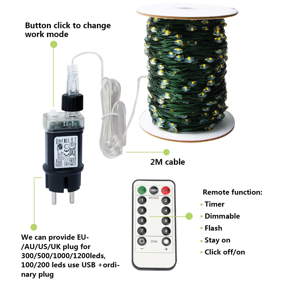 1 pz 500/1000LED fata String Lights ghirlanda di natale decorazioni per esterni luci impermeabili con telecomando per Tree Street Wedding Party