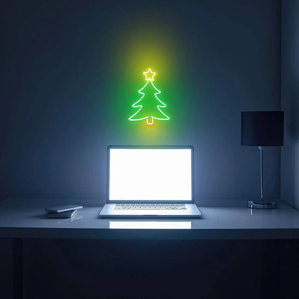Insegna al Neon dell'albero di natale per la decorazione delle finestre o della parete. La luce al Neon ha una luminosità regolabile ed è alimentata tramite USB, colore luce calda 2700°K