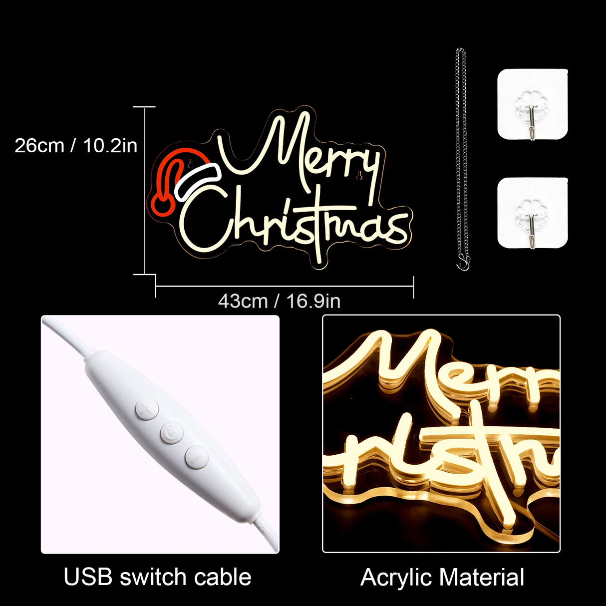 Insegna luminosa scritta Merry Christmas. Luce LED con carica USB