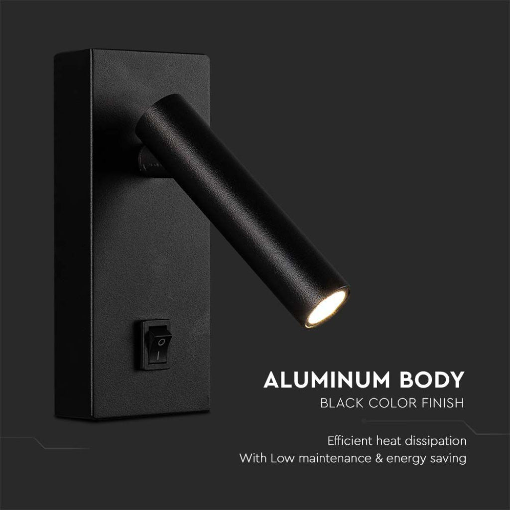 V-TAC Applique da Hotel per Lettura LED 2W Orientabile su Ogni Lato con Tasto On/Off 145*150*60mm Colore Nero 4000K