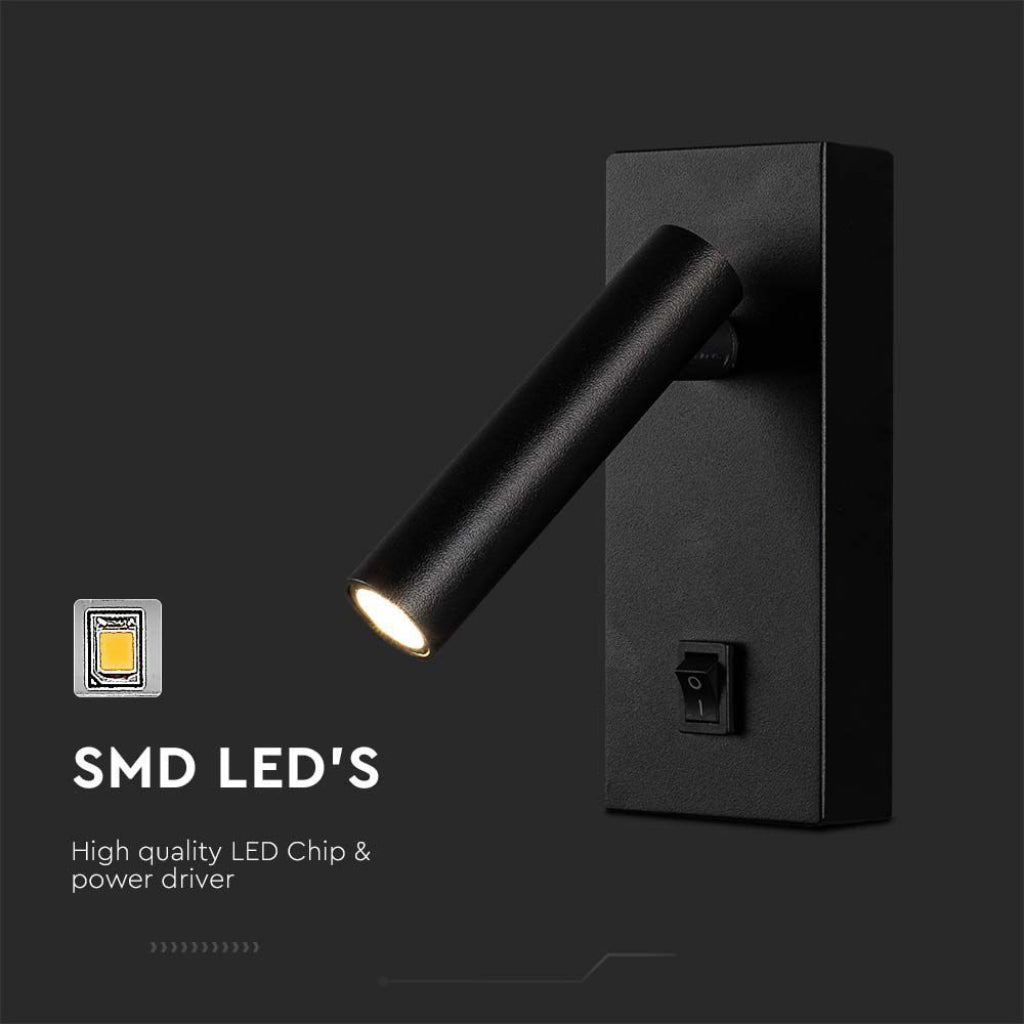 V-TAC Applique da Hotel per Lettura LED 2W Orientabile su Ogni Lato con Tasto On/Off 145*150*60mm Colore Nero 4000K