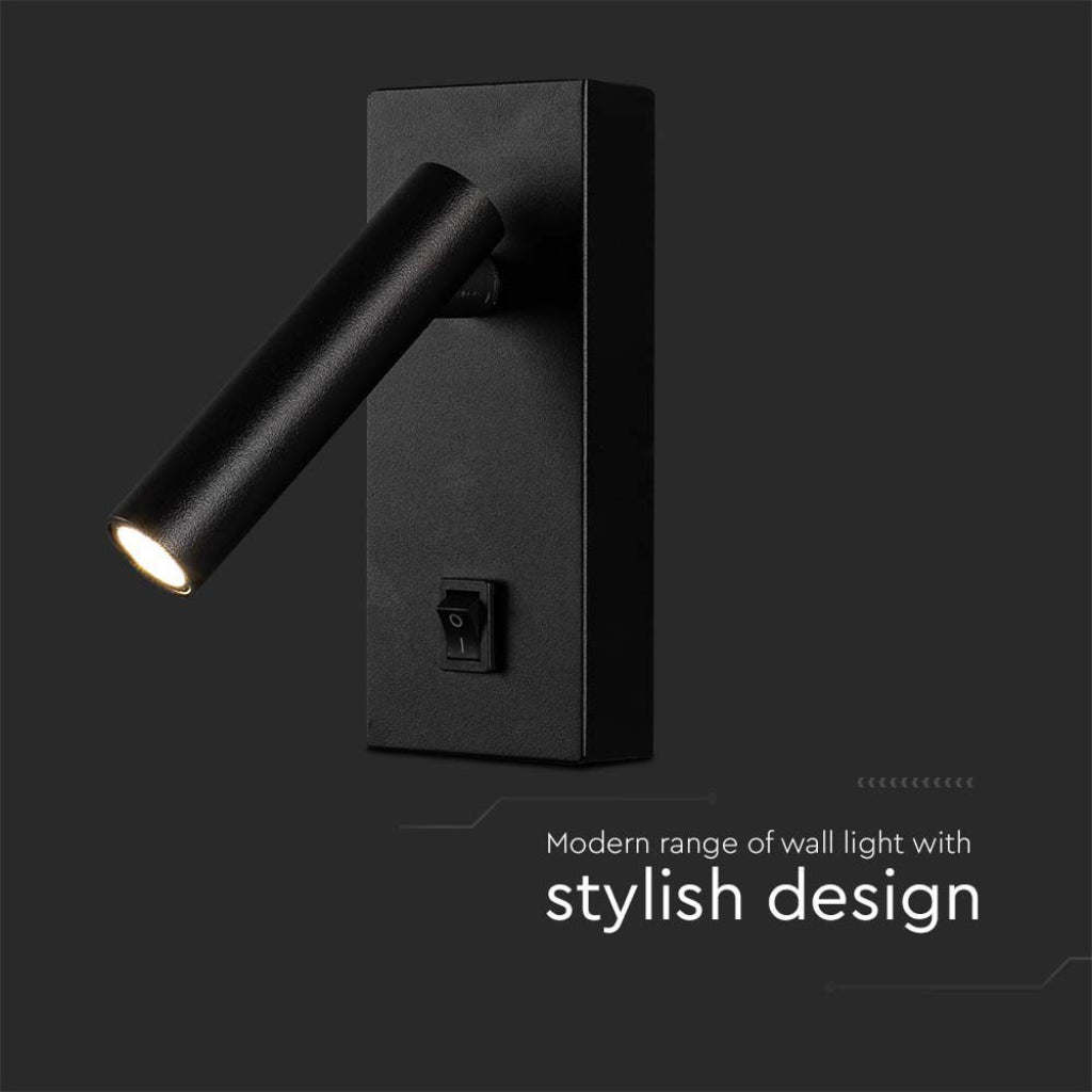 V-TAC Applique da Hotel per Lettura LED 2W Orientabile su Ogni Lato con Tasto On/Off 145*150*60mm Colore Nero 4000K