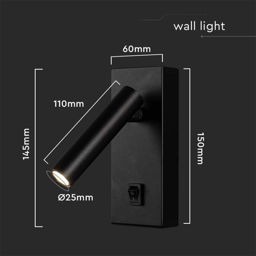 V-TAC Applique da Hotel per Lettura LED 2W Orientabile su Ogni Lato con Tasto On/Off 145*150*60mm Colore Nero 4000K