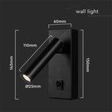 V-TAC Applique da Hotel per Lettura LED 2W Orientabile su Ogni Lato con Tasto On/Off 145*150*60mm Colore Nero 4000K