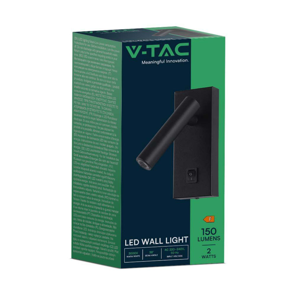 V-TAC Applique da Hotel per Lettura LED 2W Orientabile su Ogni Lato con Tasto On/Off 145*150*60mm Colore Nero 4000K