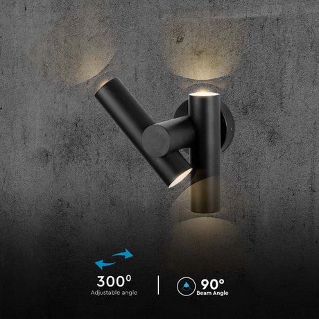 V-TAC 2*Faretti LED Da Muro 6W con Doppio Fascio Luminoso Regolabile a 360° Colore Nero 3000K IP44