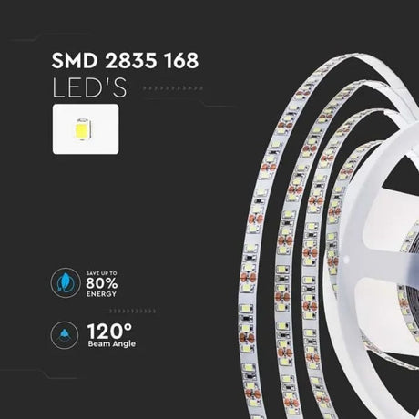 V-TAC Strip LED SMD2835 12W/m 5m 168 LED/m 140LM/W 24V 3000K IP20 10mm