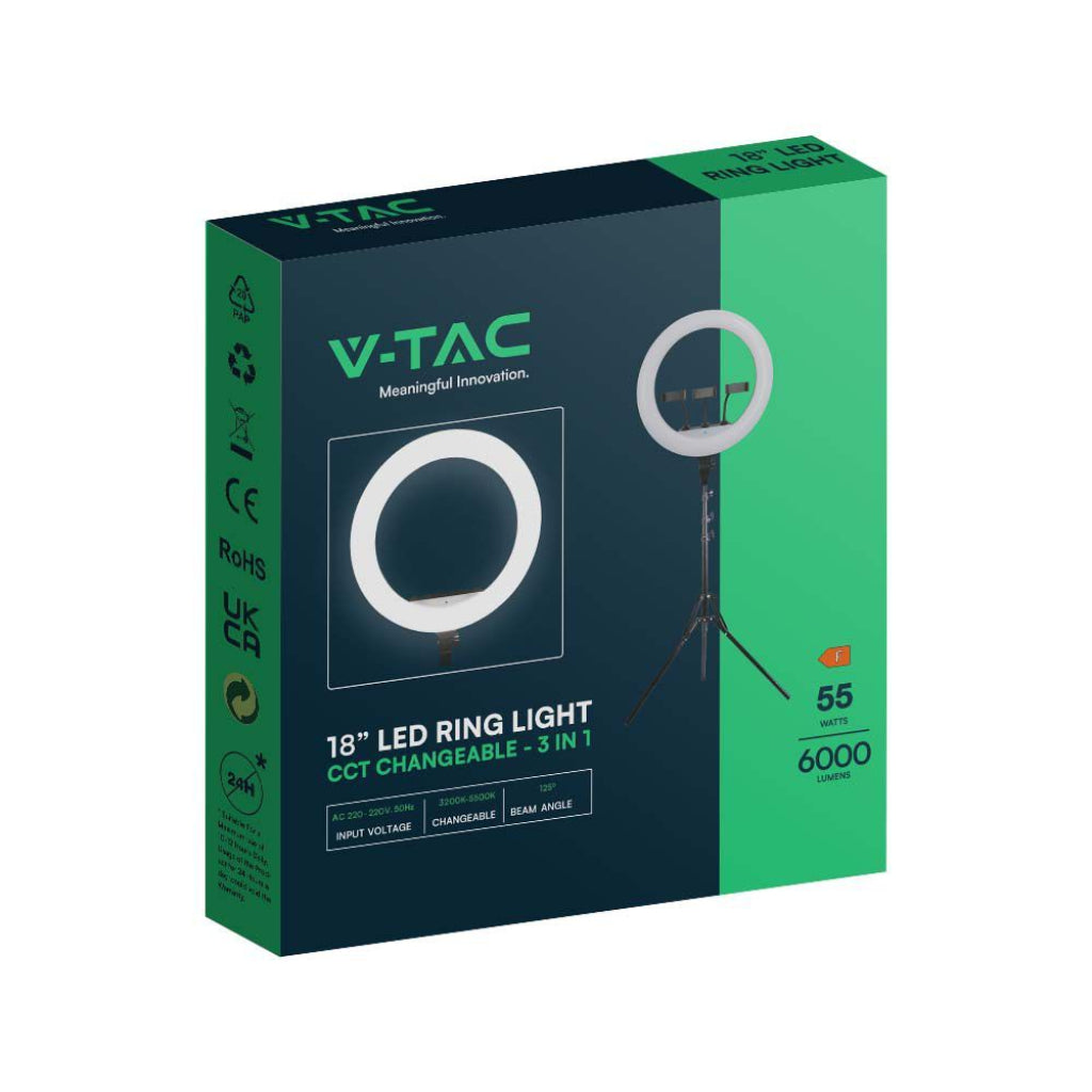 V-TAC Lampada ad Anello 55W 45cm per Selfie e Riprese Video con Treppiede Regolabile 160cm incluso Telecomando e 3 Supporti per Telefono CCT Variabile 3200K-5500K