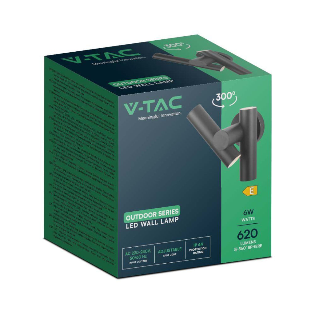 V-TAC 2*Faretti LED Da Muro 6W con Doppio Fascio Luminoso Regolabile a 360° Colore Nero 4000K IP44