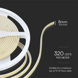 V-TAC Strip LED COB-320 10W/m 5m 24V 1000Lm/m 3000K IP67 8mm