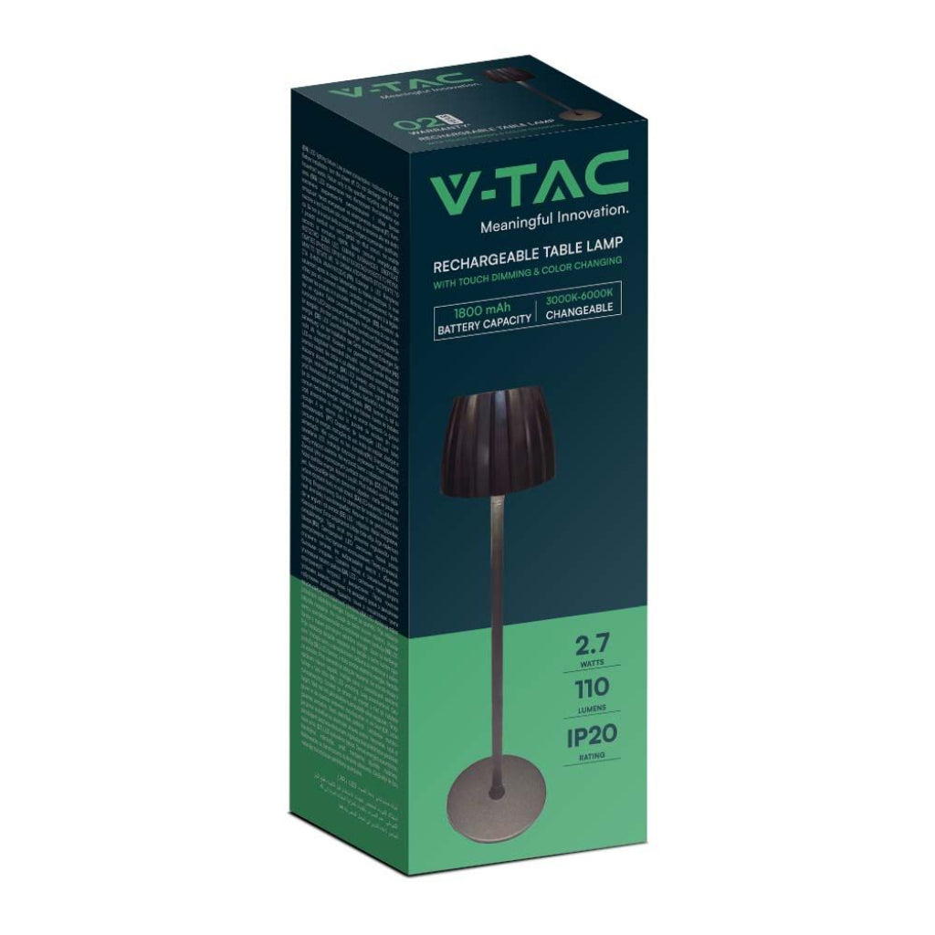 V-TAC Lampada LED da Tavolo 2.7W 105*340mm Colore Nero ricaricabile con USB C Touch Dimmerabile 3in1