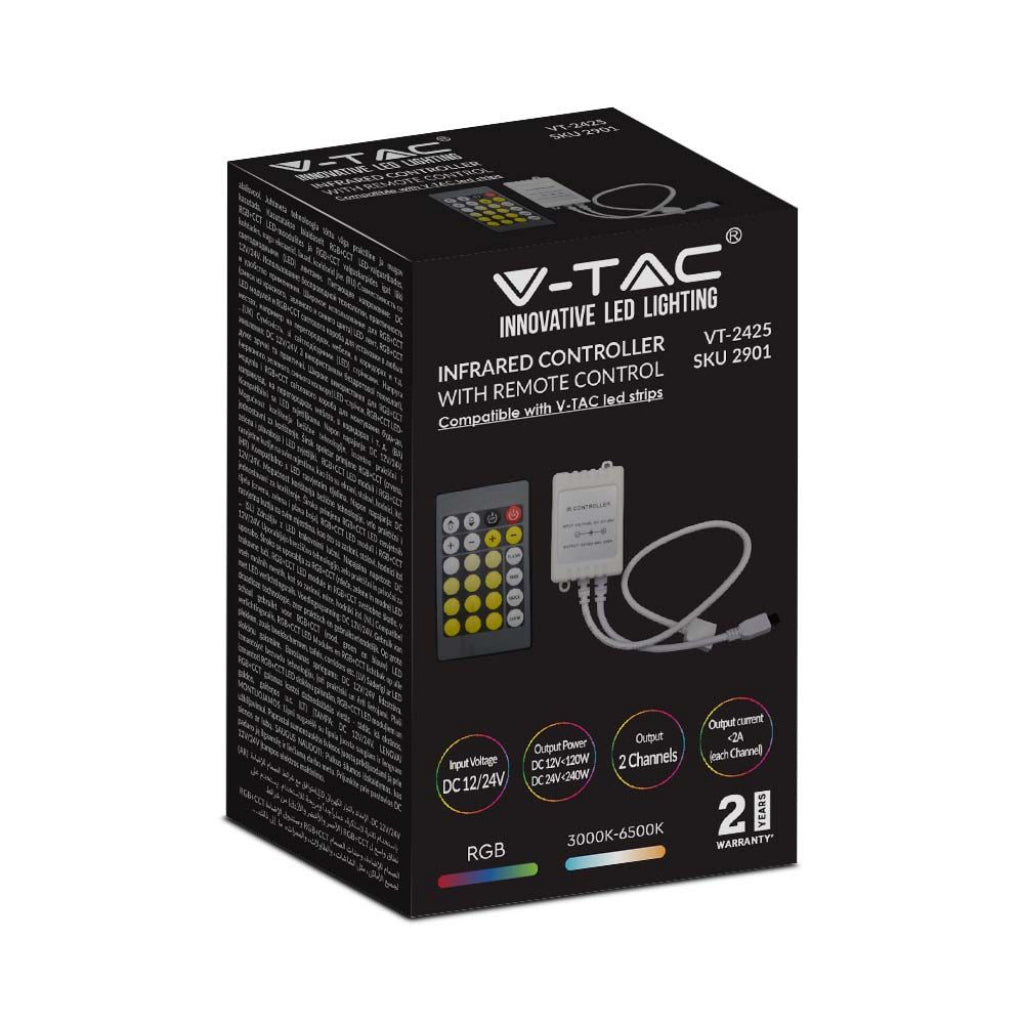 V-TAC Controller per Strip LED 12V/24V 2 Canali con Telecomando 24 Tasti a Infrarossi