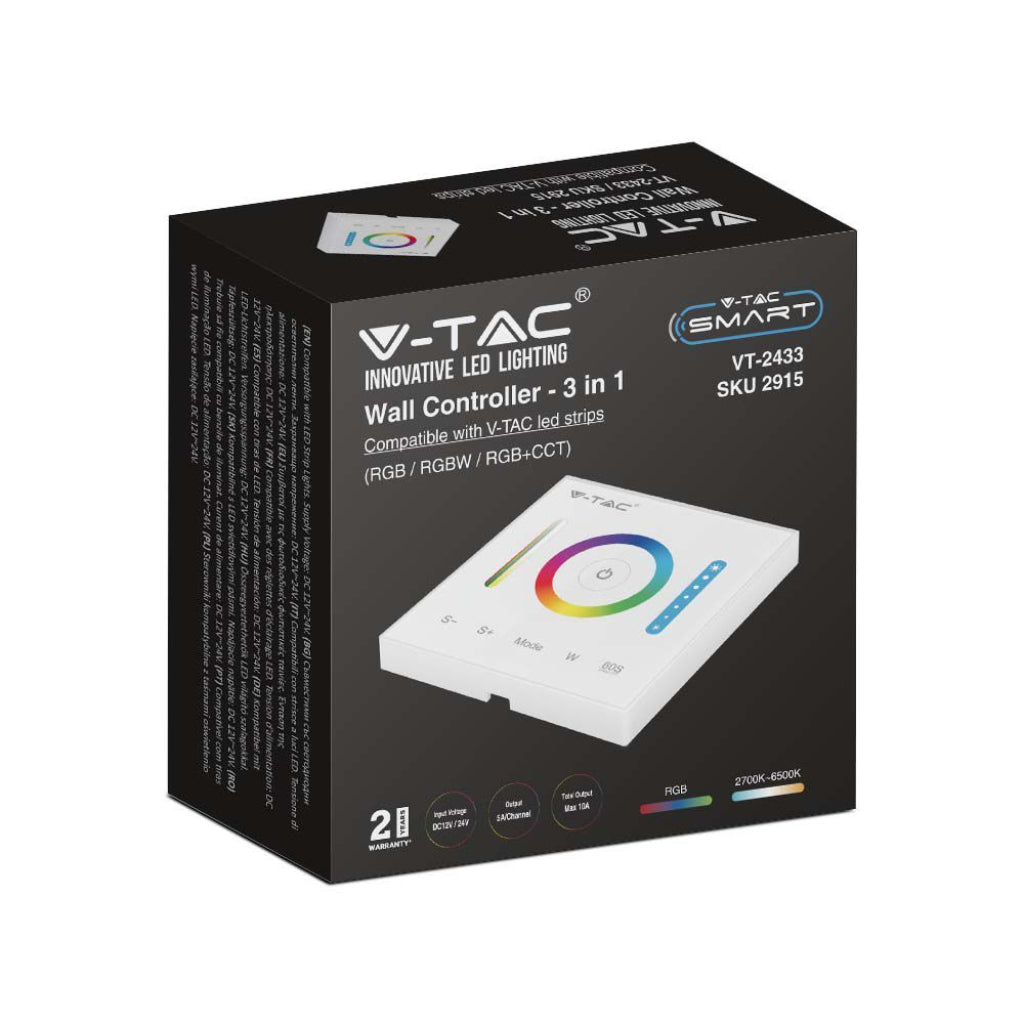 V-TAC Controller a 5 Canali RGB RGBW RGB+CCT da Parete per Strip LED 12-24V 10A con Controllo RF 2.4GHz fino a 30 Metri, Dimmer e Modalità Colore Illuminazione