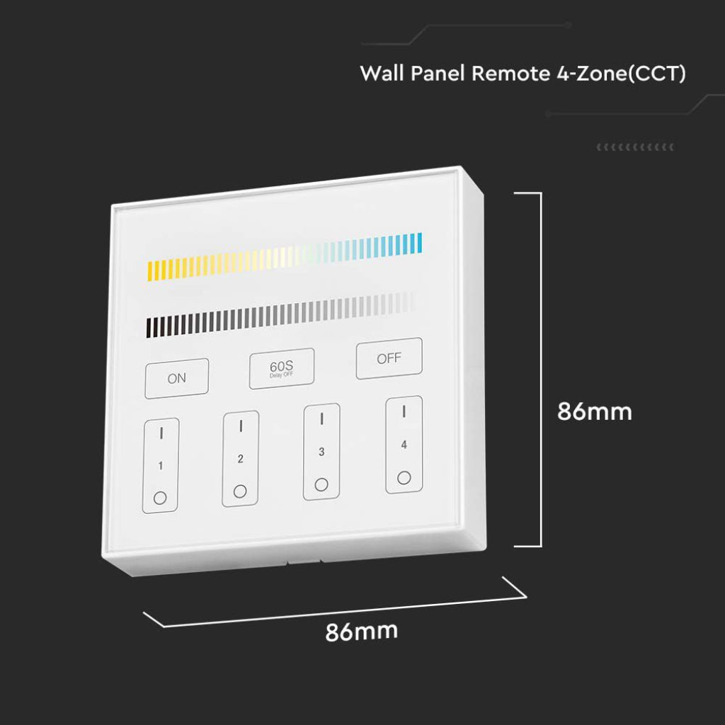 V-TAC Controller LED WiFi da Parete a 4 Zone con Dimmer Monocolore CCT per Strip LED, Modulazione GFSK Distanza Controllo 30m Input 3V IP20
