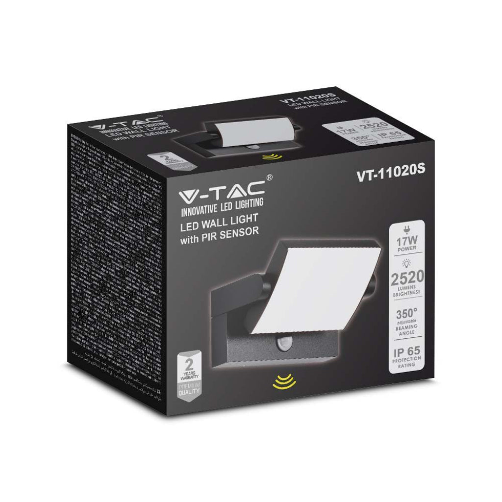 V-TAC Lampada LED da Muro Rettangolare 17W 120LM/W Con Sensore PIR Colore Nero Ruotabile 3000K IP65