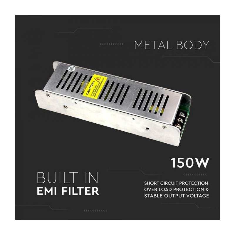 V-TAC Alimentatore Slim in Metallo 150W 24V 6.25A Morsetti a Vite con 2 Uscite 199x61x31mm IP20 TRIAC Dimmerabile