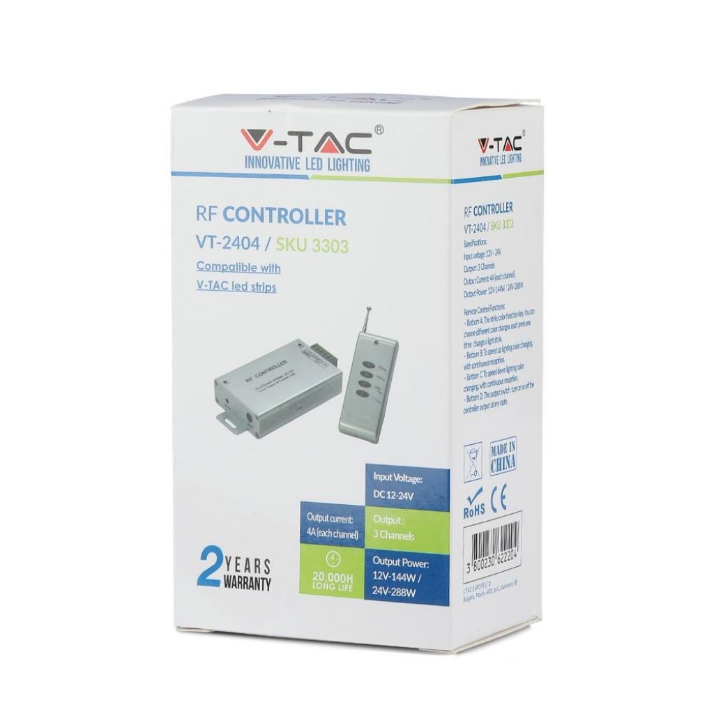 V-TAC Controller per Strip LED Dimmerabile con Radiocomando 4 Tasti (Max 144W)