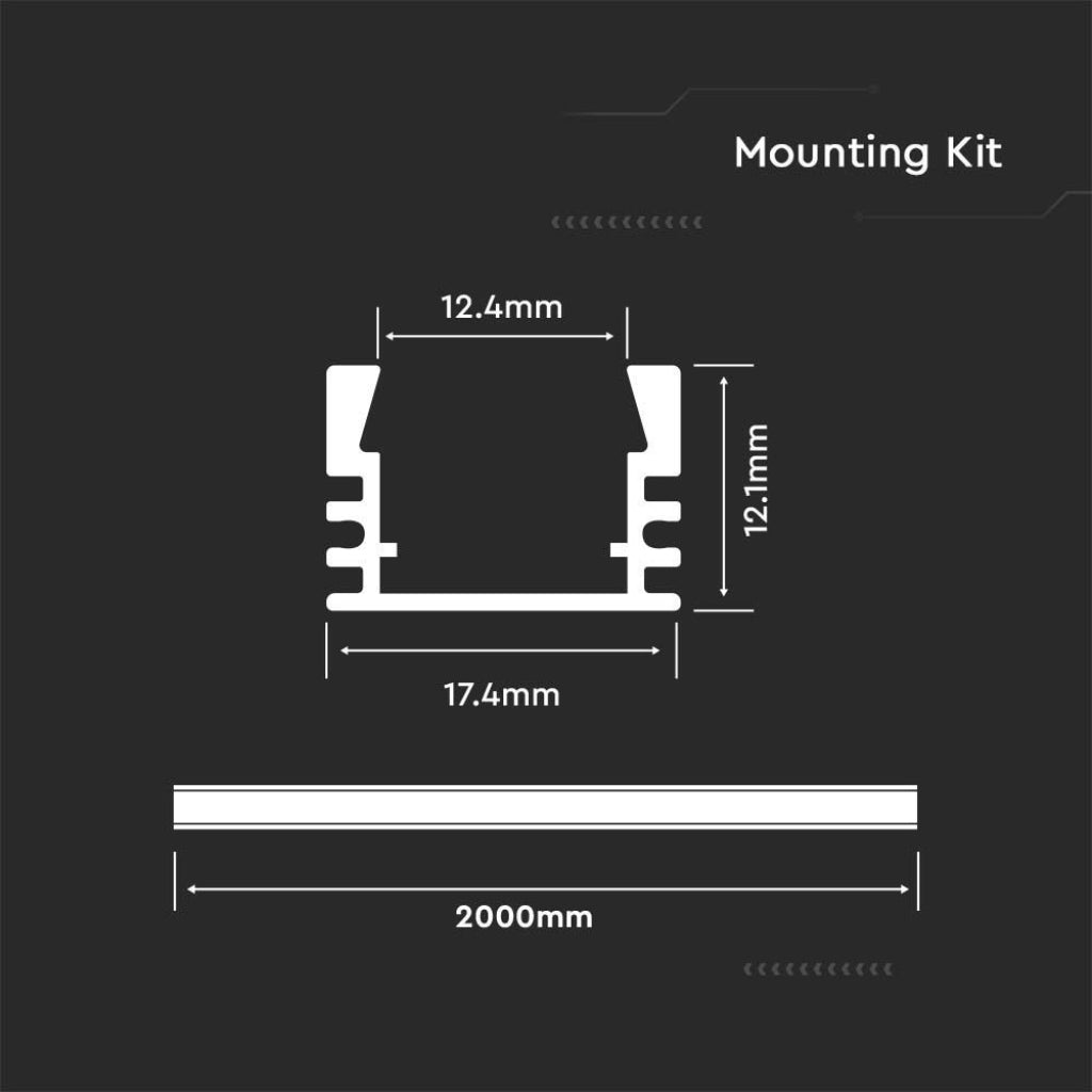 V-TAC Profilo Lineare per Strip LED con larghezza fino a 12.4mm in Alluminio Colore Silver con Copertura Opaca 2000x17.4x12.1mm