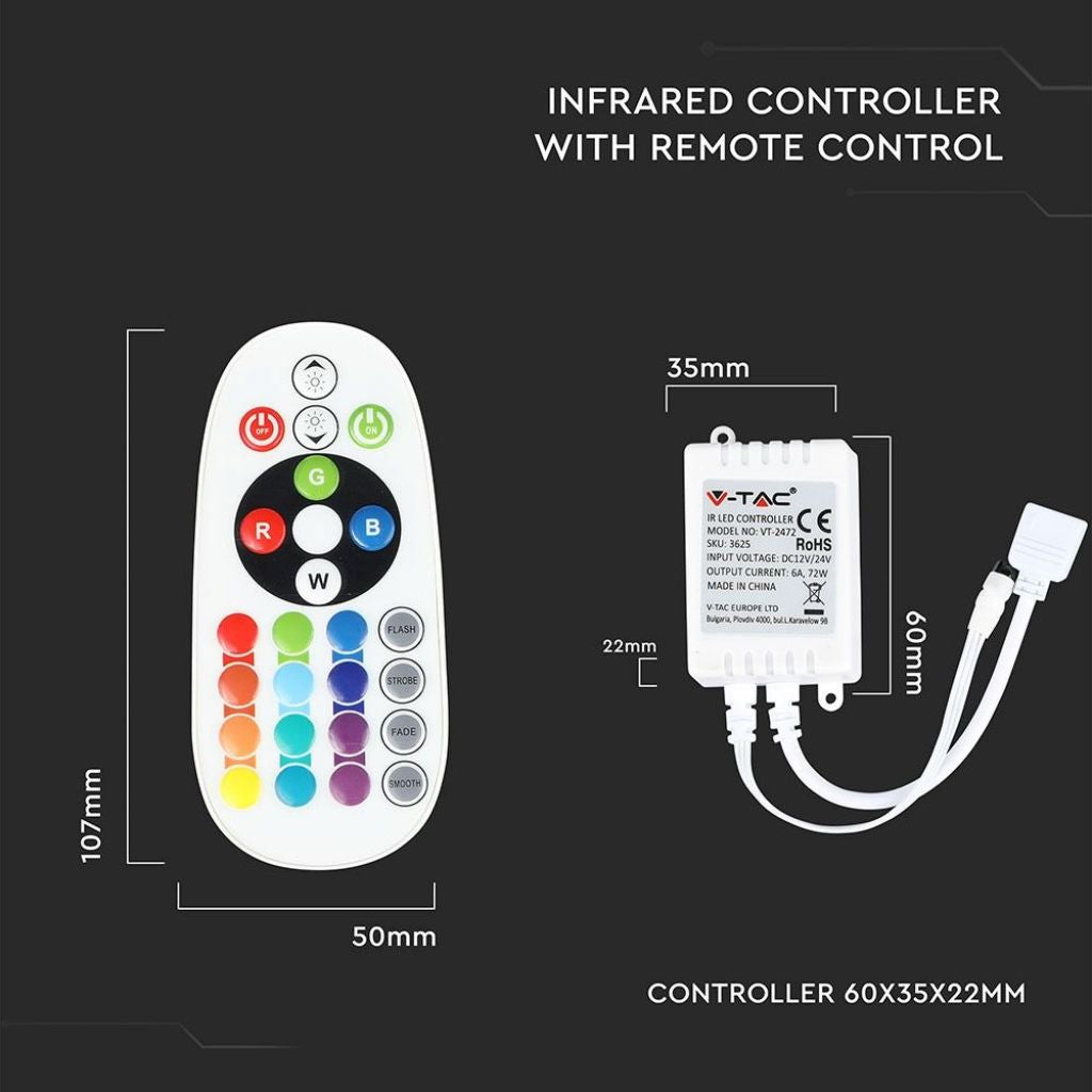 V-TAC Controller per Strip LED RGB 12-24V (72-144W) con Telecomando 24 Tasti a Infrarossi