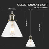 V-TAC Lampadario LED a Campana in Vetro con Portalampada E27 (Max 60W) Colore Trasparente