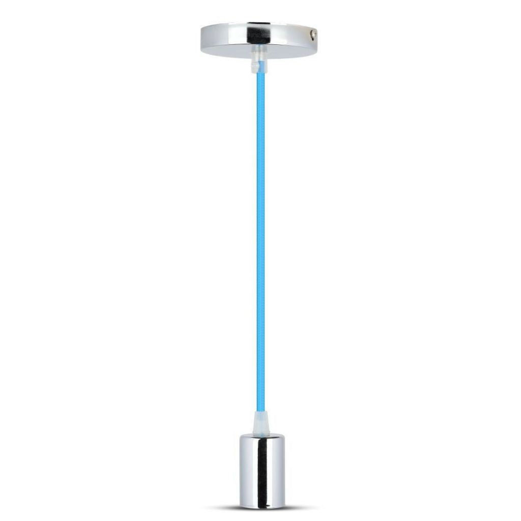 V-TAC Lampadario LED a Cilindro in Metallo con Portalampada E27 (Max 60W) L:100cm Colore Cromato e Cavo Blu