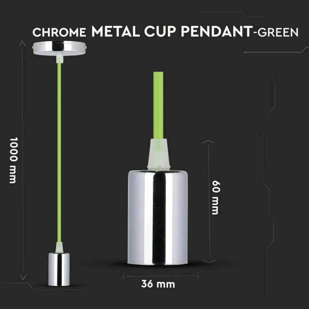 V-TAC Lampadario LED a Cilindro in Metallo con Portalampada E27 (Max 60W) L:100cm Colore Cromato e Cavo Verde