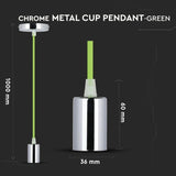 V-TAC Lampadario LED a Cilindro in Metallo con Portalampada E27 (Max 60W) L:100cm Colore Cromato e Cavo Verde