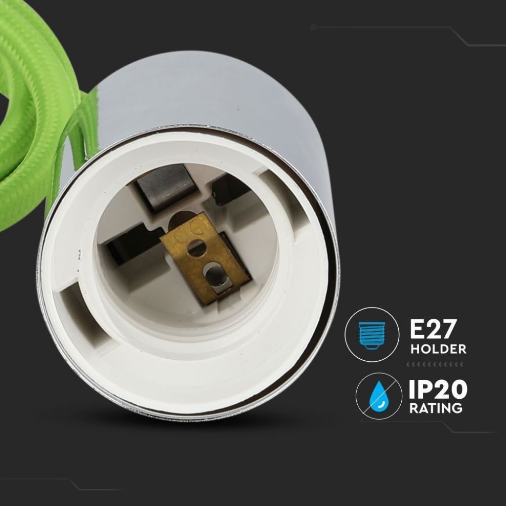 V-TAC Lampadario LED a Cilindro in Metallo con Portalampada E27 (Max 60W) L:100cm Colore Cromato e Cavo Verde