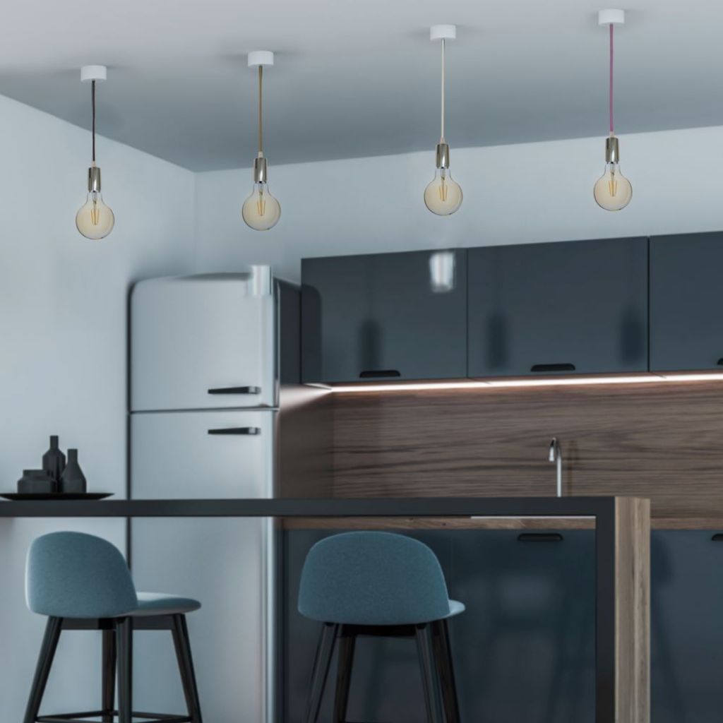 V-TAC Lampadario LED a Cilindro in Metallo con Portalampada E27 (Max 60W) L:100cm Colore Cromato e Cavo Arancione