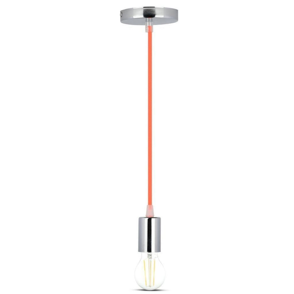 V-TAC Lampadario LED a Cilindro in Metallo con Portalampada E27 (Max 60W) L:100cm Colore Cromato e Cavo Arancione