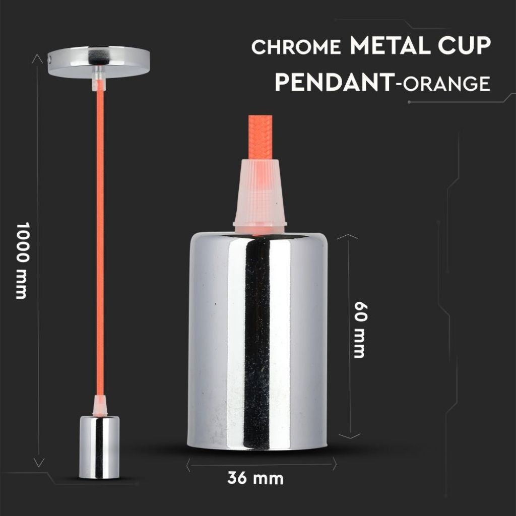 V-TAC Lampadario LED a Cilindro in Metallo con Portalampada E27 (Max 60W) L:100cm Colore Cromato e Cavo Arancione