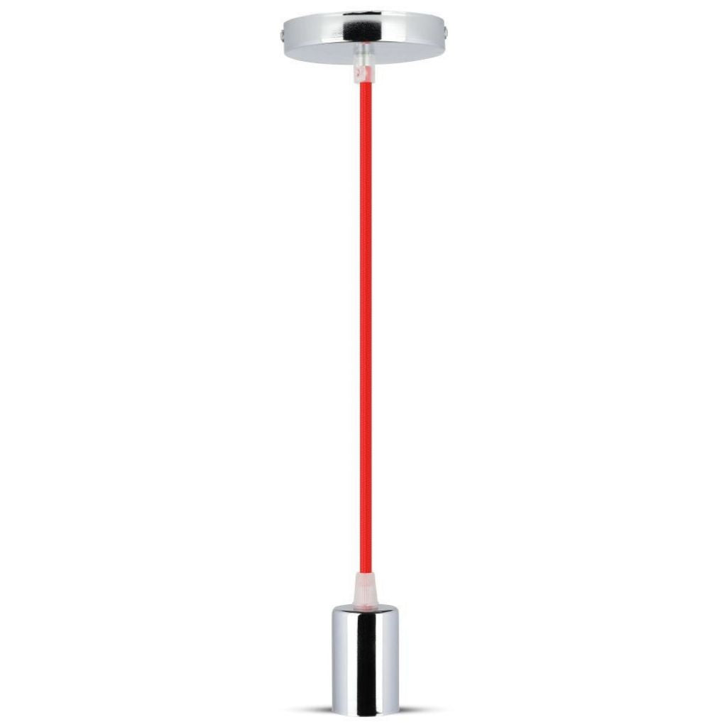 V-TAC Lampadario LED a Cilindro in Metallo con Portalampada E27 (Max 60W) L:100cm Colore Cromato e Cavo Rosso