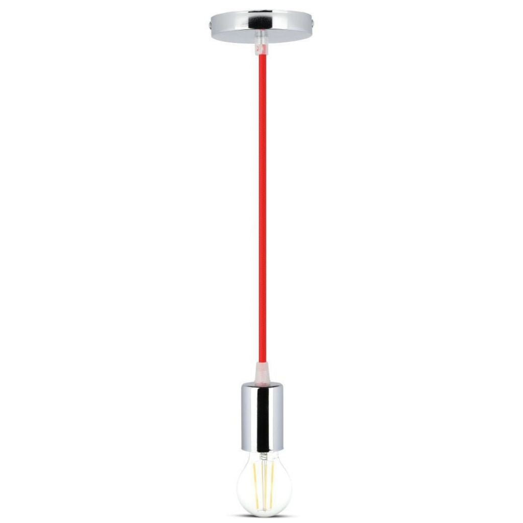 V-TAC Lampadario LED a Cilindro in Metallo con Portalampada E27 (Max 60W) L:100cm Colore Cromato e Cavo Rosso