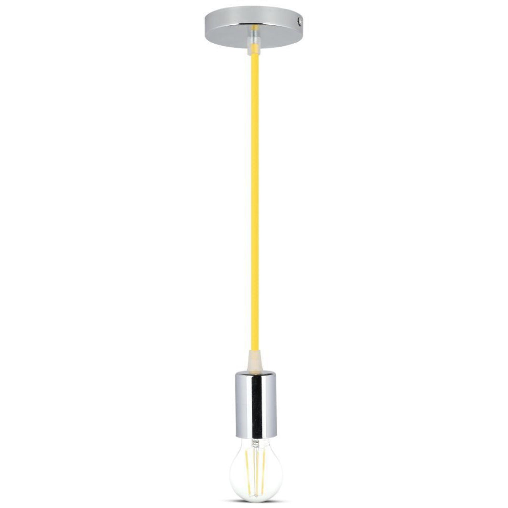 V-TAC Lampadario LED a Cilindro in Metallo con Portalampada E27 (Max 60W) L:100cm Colore Cromato e Cavo Giallo