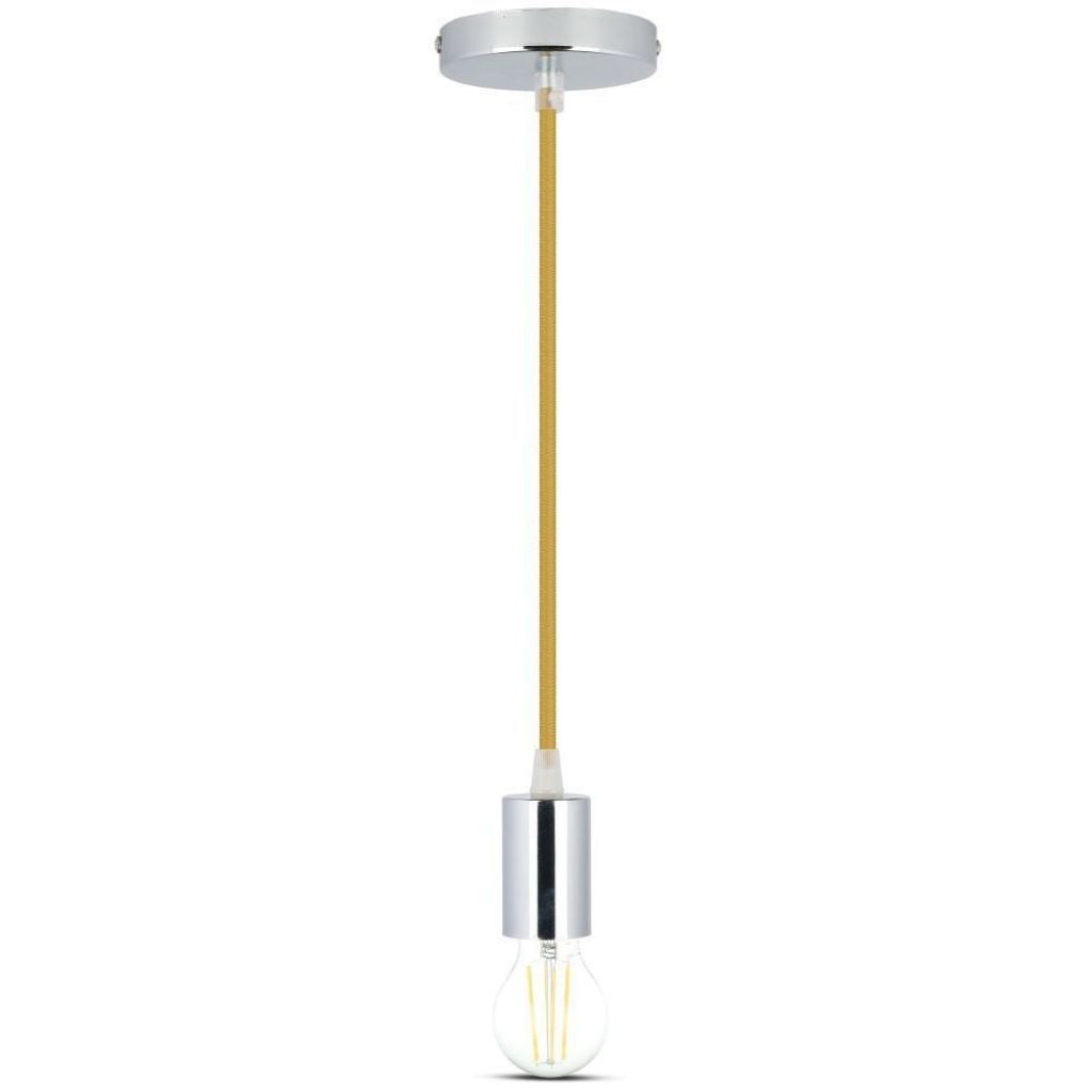 V-TAC Lampadario LED a Cilindro in Metallo con Portalampada E27 (Max 60W) L:100cm Colore Cromato e Cavo Beige