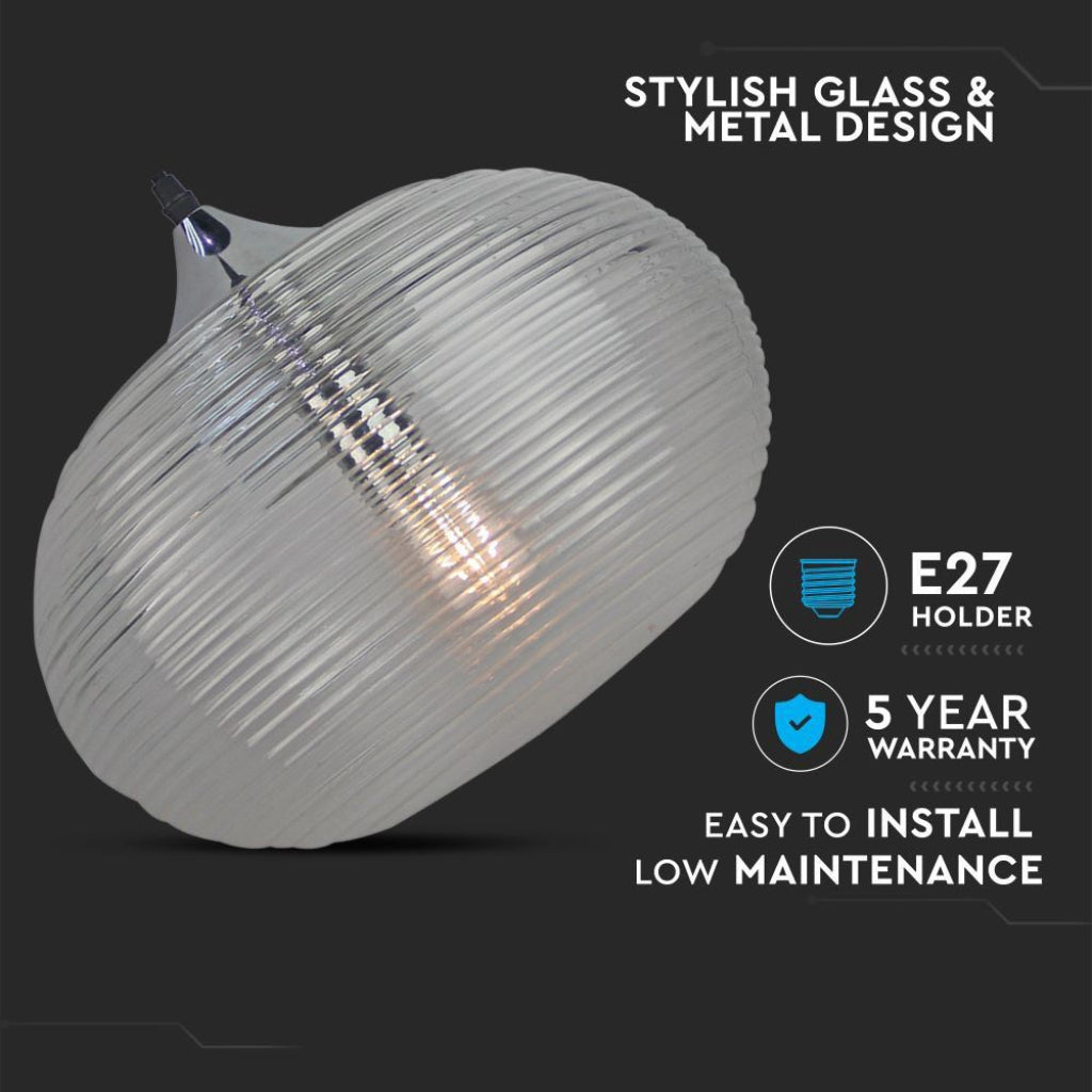 V-TAC Lampadario LED a Sfera in Vetro Ondulato e Metallo con Portalampada E27 (Max 60W) Colore Nero Trasparente